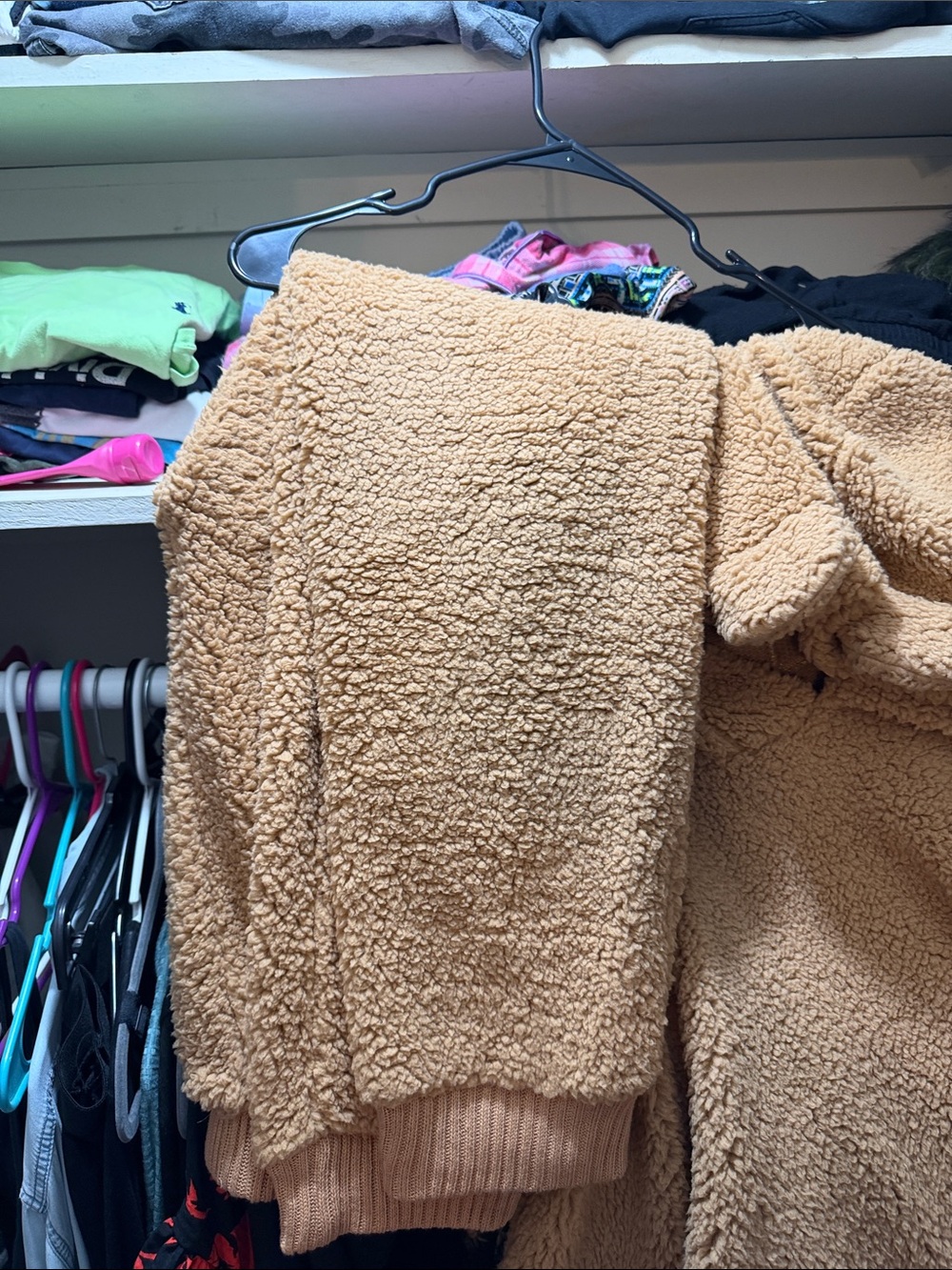 Cozy Teddy Fleece Women’s Sweater Jacket in Camel and pants